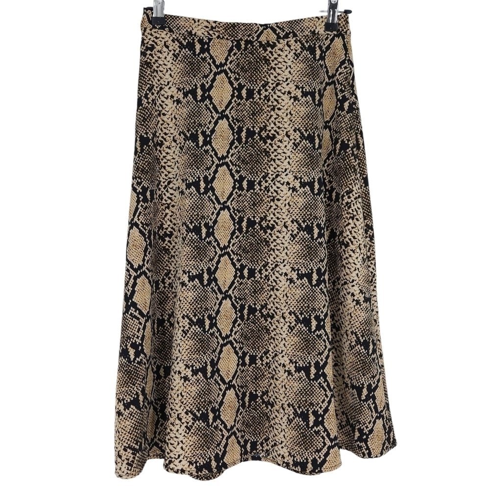 T Tahari Midi Slip Skirt Gold Tan Black Snake Snakeskin Pull On Stretch Waist XS